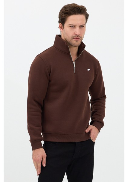 Regular Fit Dik Yaka Pamuklu Unisex Yarım Fermuarlı Nakışlı Sweatshirt Kahverengi - Xl modelleri