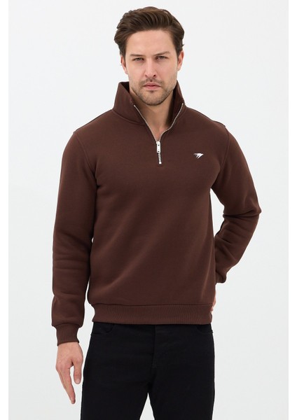 Regular Fit Dik Yaka Pamuklu Unisex Yarım Fermuarlı Nakışlı Sweatshirt Kahverengi - Xl fırsatları