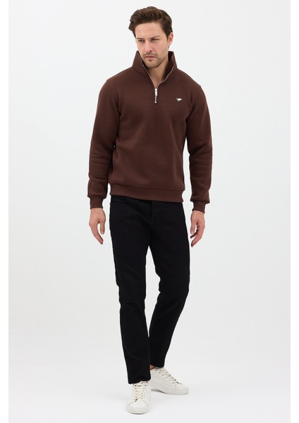 Regular Fit Dik Yaka Pamuklu Unisex Yarım Fermuarlı Nakışlı Sweatshirt Kahverengi - Xl indirimleri