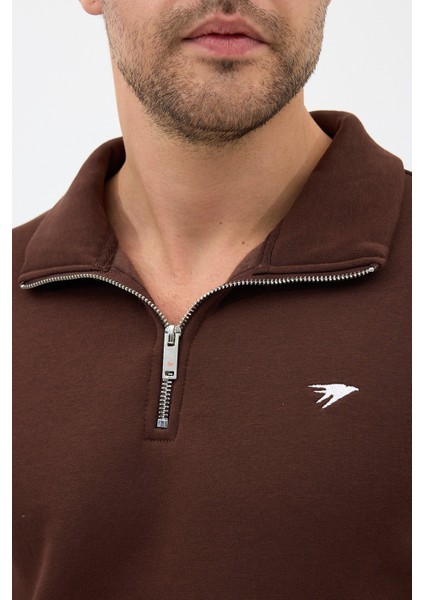 Regular Fit Dik Yaka Pamuklu Unisex Yarım Fermuarlı Nakışlı Sweatshirt Kahverengi - Xl