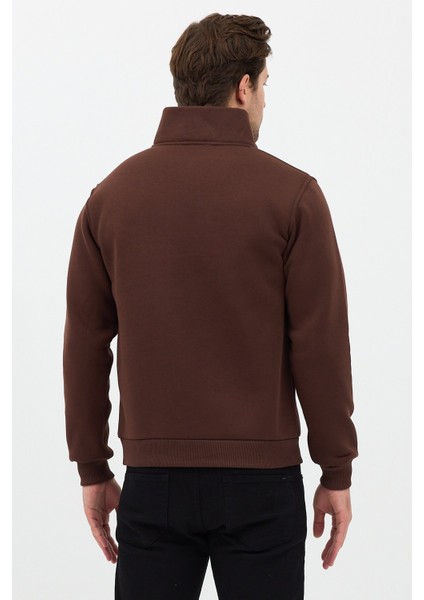 Regular Fit Dik Yaka Pamuklu Unisex Yarım Fermuarlı Nakışlı Sweatshirt Kahverengi - Xl