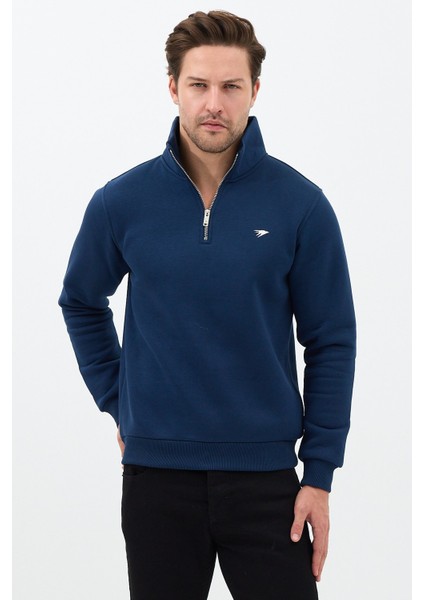 Regular Fit Dik Yaka Pamuklu Unisex Yarım Fermuarlı Nakışlı Sweatshirt Lacivert - L