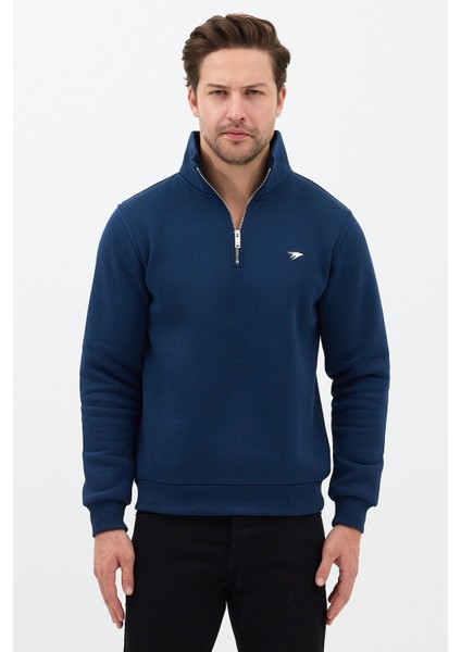 Regular Fit Dik Yaka Pamuklu Unisex Yarım Fermuarlı Nakışlı Sweatshirt Lacivert - L fiyatları