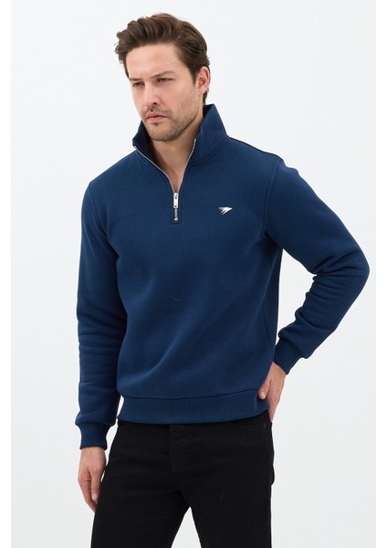 Regular Fit Dik Yaka Pamuklu Unisex Yarım Fermuarlı Nakışlı Sweatshirt Lacivert - L modelleri