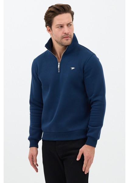 Regular Fit Dik Yaka Pamuklu Unisex Yarım Fermuarlı Nakışlı Sweatshirt Lacivert - L fırsatları