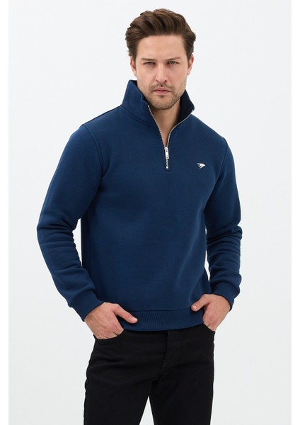 Regular Fit Dik Yaka Pamuklu Unisex Yarım Fermuarlı Nakışlı Sweatshirt Lacivert - L indirimleri