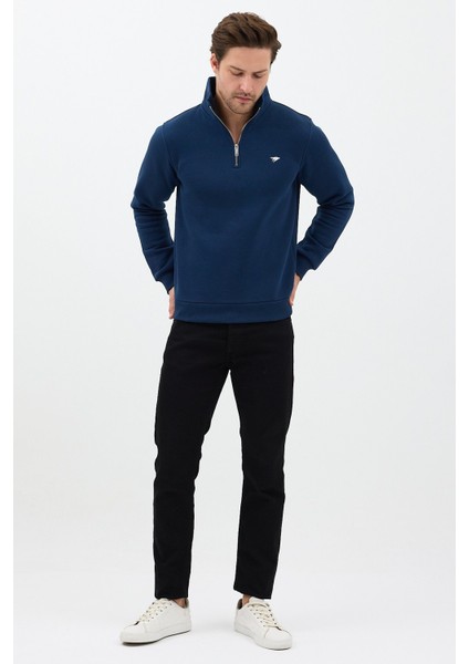 Regular Fit Dik Yaka Pamuklu Unisex Yarım Fermuarlı Nakışlı Sweatshirt Lacivert - L