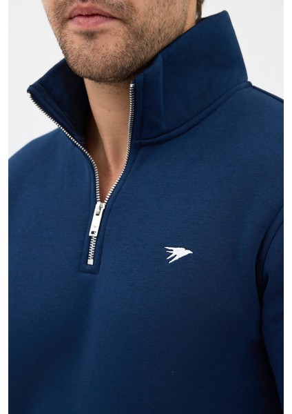 Regular Fit Dik Yaka Pamuklu Unisex Yarım Fermuarlı Nakışlı Sweatshirt Lacivert - L