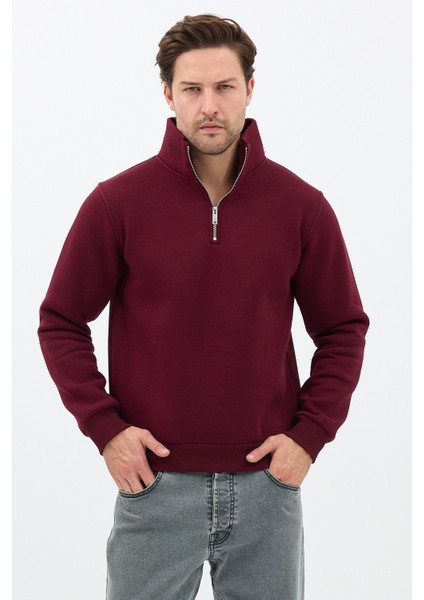Unisex Regular Fit Pamuklu Dik Yaka Yarım Fermuarlı Sweatshirt Bordo - 2xl