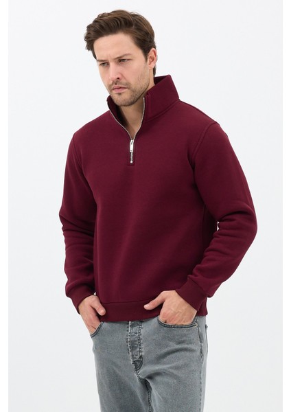 Unisex Regular Fit Pamuklu Dik Yaka Yarım Fermuarlı Sweatshirt Bordo - 2xl fiyatları