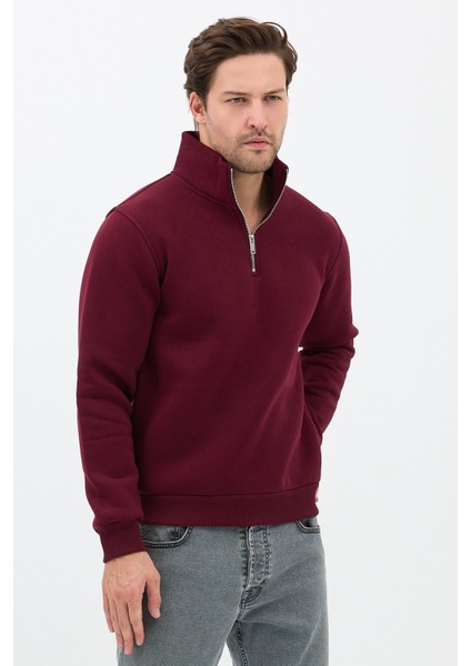 Unisex Regular Fit Pamuklu Dik Yaka Yarım Fermuarlı Sweatshirt Bordo - 2xl modelleri