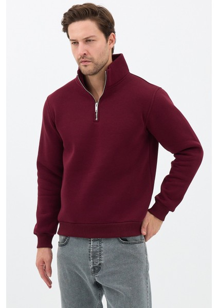 Unisex Regular Fit Pamuklu Dik Yaka Yarım Fermuarlı Sweatshirt Bordo - 2xl fırsatları