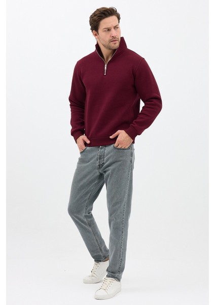 Unisex Regular Fit Pamuklu Dik Yaka Yarım Fermuarlı Sweatshirt Bordo - 2xl indirimleri