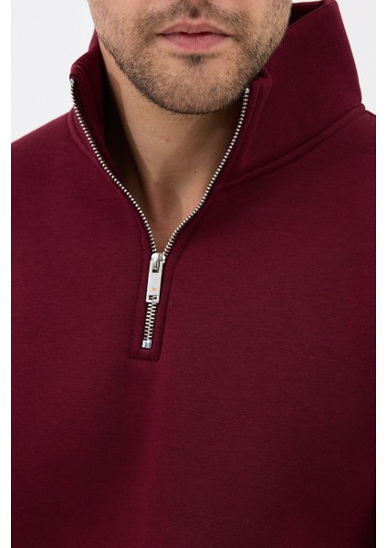 Unisex Regular Fit Pamuklu Dik Yaka Yarım Fermuarlı Sweatshirt Bordo - 2xl
