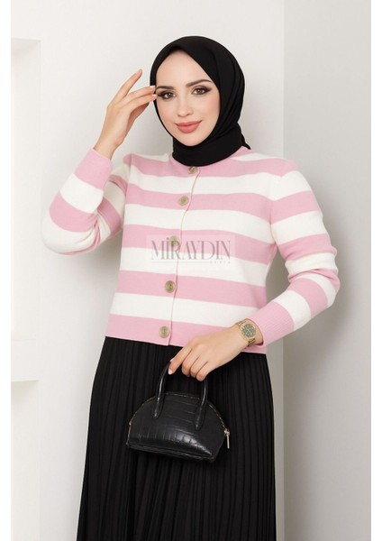 Kadın Düğme Detaylı Çizgili Etek Üstü Triko Hırka Pudra Tesettür