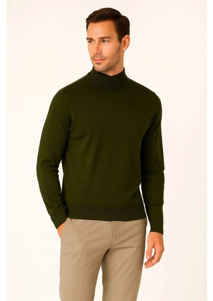 Erkek Yarım Boğaz Triko Kazak Yumuşak Dokulu Pamuklu Ince Dokuma, Uzun Kollu Rahat Regular Kalıp - Haki