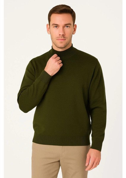 Erkek Yarım Boğaz Triko Kazak Yumuşak Dokulu Pamuklu Ince Dokuma, Uzun Kollu Rahat Regular Kalıp - Haki modelleri