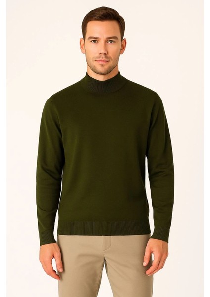 Erkek Yarım Boğaz Triko Kazak Yumuşak Dokulu Pamuklu Ince Dokuma, Uzun Kollu Rahat Regular Kalıp - Haki fırsatları