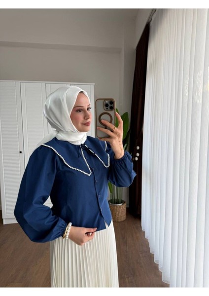Kadın Etek Üstü Bebe Yaka Incili Lacivert Gömlek fiyatları
