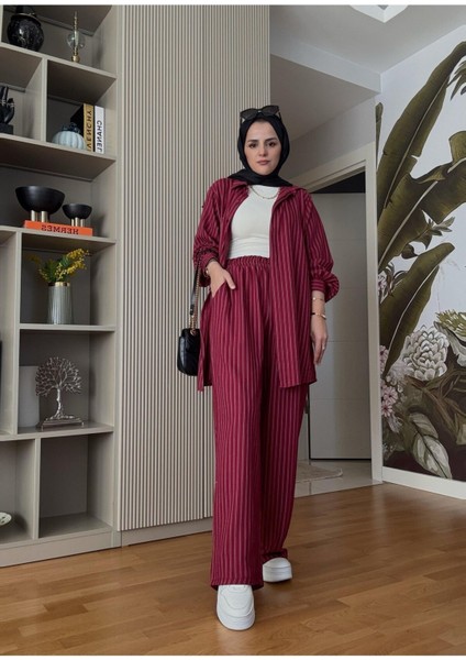 Çizgili Kuşaklı Pantolonlu Gömlek Takım M300 - Bordo