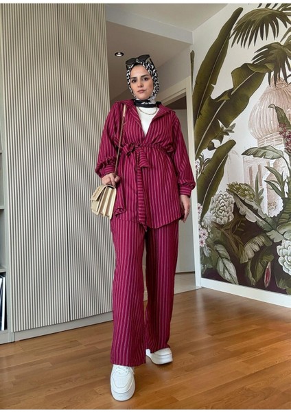 Çizgili Kuşaklı Pantolonlu Gömlek Takım M300 - Bordo fiyatları