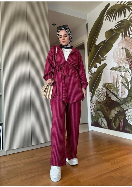 Çizgili Kuşaklı Pantolonlu Gömlek Takım M300 - Bordo modelleri