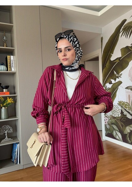 Çizgili Kuşaklı Pantolonlu Gömlek Takım M300 - Bordo fırsatları