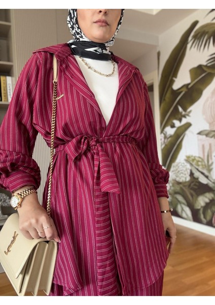 Çizgili Kuşaklı Pantolonlu Gömlek Takım M300 - Bordo