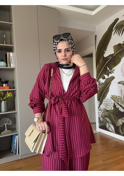 Çizgili Kuşaklı Pantolonlu Gömlek Takım M300 - Bordo