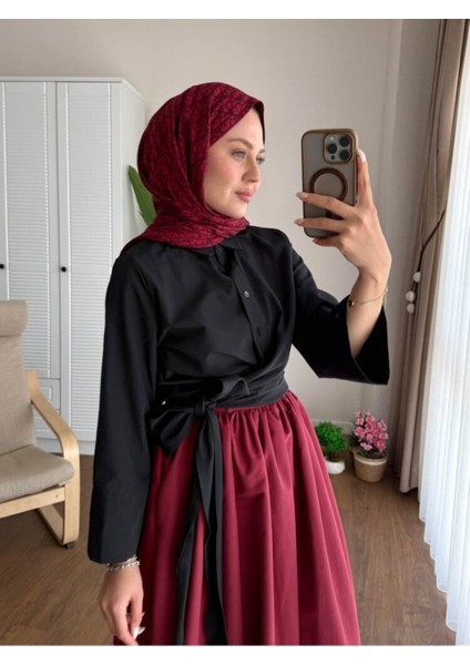 Kadın Bel Bağlamalı Kuşaklı Etek Üstü Gömlek M202 - Siyah