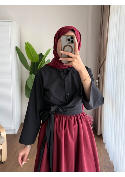 Kadın Bel Bağlamalı Kuşaklı Etek Üstü Gömlek M202 - Siyah fiyatları