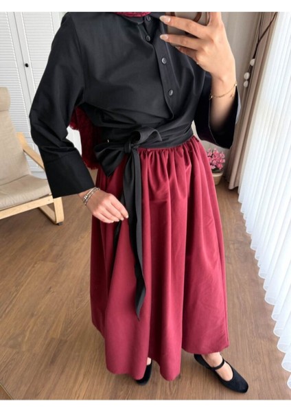 Kadın Bel Bağlamalı Kuşaklı Etek Üstü Gömlek M202 - Siyah fırsatları