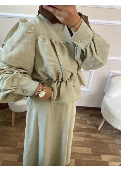 Kadın Büzgülü Gömlekli Etekli Takım M41355 - Küf Yeşili modelleri