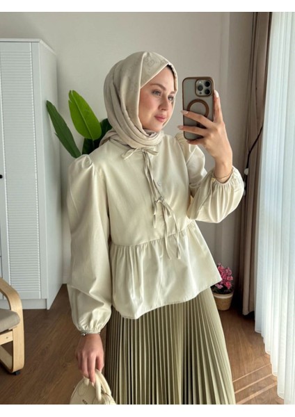 Kadın Balon Kol Etek Üstü Gömlek M1111 - Bej
