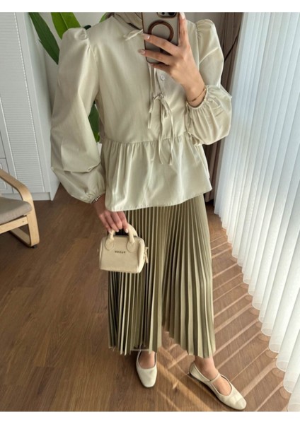 Kadın Balon Kol Etek Üstü Gömlek M1111 - Bej fiyatları