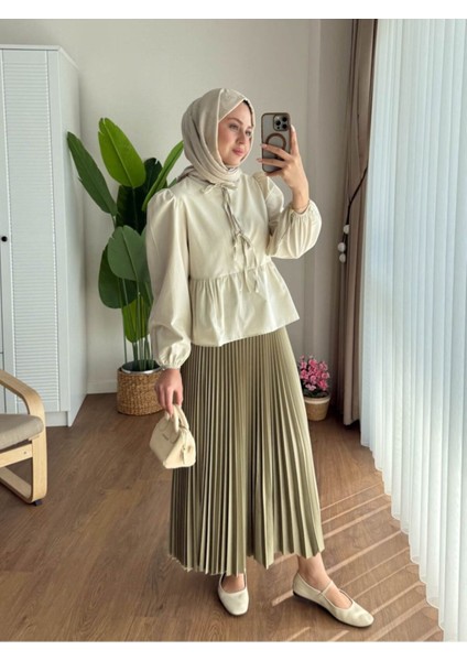 Kadın Balon Kol Etek Üstü Gömlek M1111 - Bej modelleri