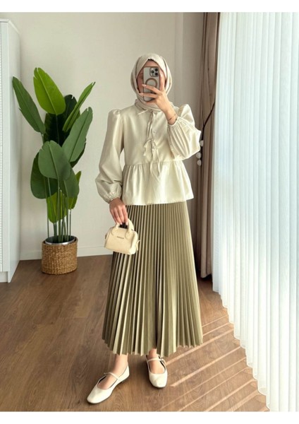 Kadın Balon Kol Etek Üstü Gömlek M1111 - Bej fırsatları