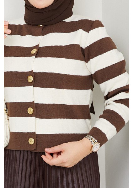 Kadın Düğme Detaylı Çizgili Etek Üstü Triko Hırka Kahverengi Tesettür fiyatları