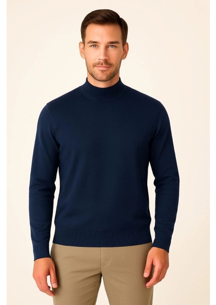 Erkek Yarım Boğaz Triko Kazak Yumuşak Dokulu Pamuklu Ince Dokuma, Uzun Kollu Rahat Regular Kalıp - Lacivert