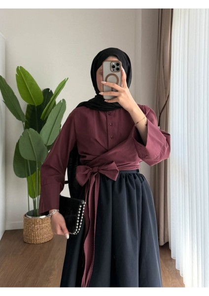 Kadın Bel Bağlamalı Kuşaklı Etek Üstü Gömlek M202 - Bordo fiyatları