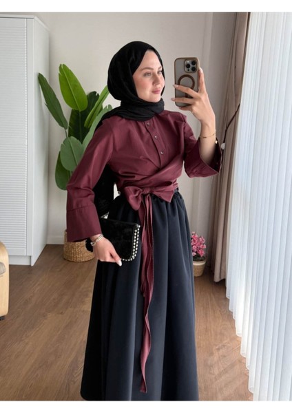 Kadın Bel Bağlamalı Kuşaklı Etek Üstü Gömlek M202 - Bordo modelleri