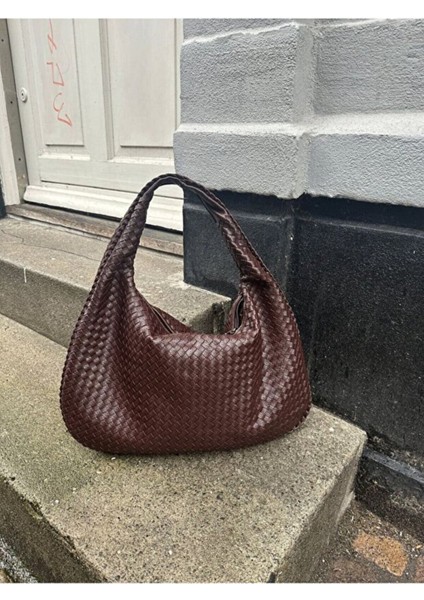 Lena Kahverengi Kadın Örgü Detay Büyük Boy Omuz ve Tote Çanta Günlük Geniş Hacimli