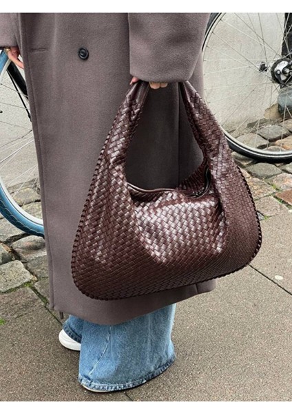 Lena Kahverengi Kadın Örgü Detay Büyük Boy Omuz ve Tote Çanta Günlük Geniş Hacimli fiyatları
