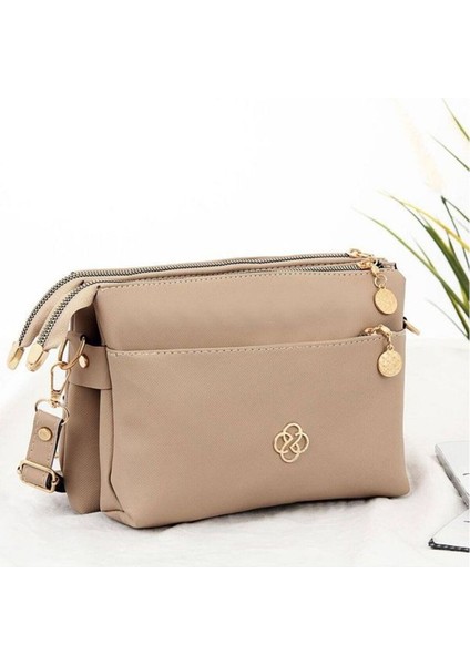 Bej Kadın Minimal El ve Omuz Çantası – Gold Detaylı, 3 Bölmeli