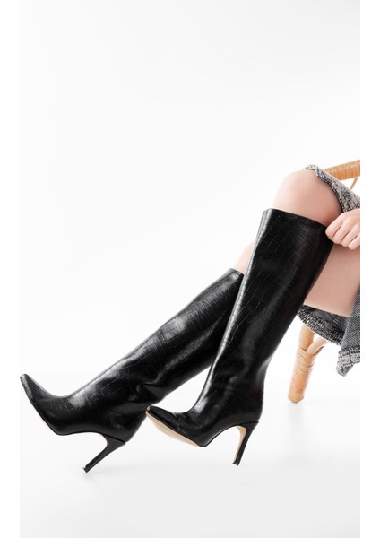 ZER-İN-2004 Premium Sivri Burun Ince Topuklu Siyah Kroko Çizme indirimleri