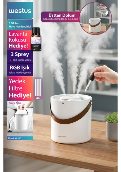 1.6 Litre Hava Oda Nemlendirici Buhar Makinesi Ultrasonik Aroma Difüzör - Koku + Filtre Hediye