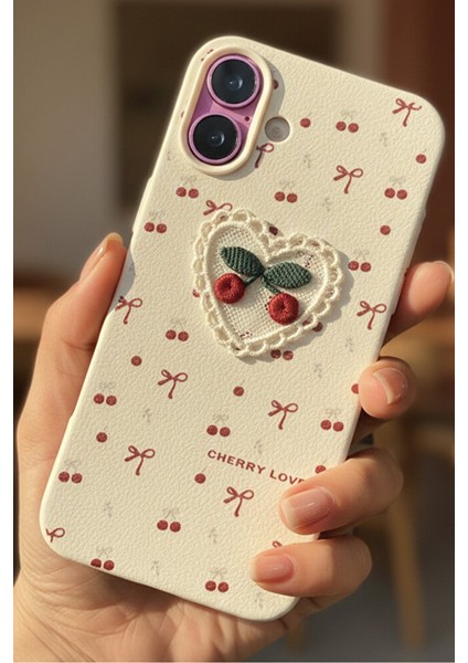 Iphone 16 Plus - Kiraz Kalp Dantelli Beyaz Kapak Kırmızı Fiyonk Tasarımlı Silikon Kılıf