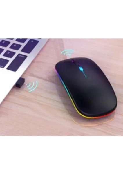 Şarjlı Kablosuz Sessiz Mouse Rgb LED Işıklı Ultra Slim USB 2.4ghz Siyah Ledli 800/1200/1600DPI