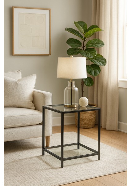 Modern Loft Tarz 2 Katlı Cam Sehpa – Siyah Metal Gövdeli Yan Sehpa