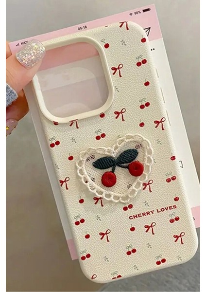 Iphone 15 / 14 / 13 - Kiraz Kalp Dantelli Beyaz Kapak Kırmızı Fiyonk Tasarımlı Silikon Kılıf
